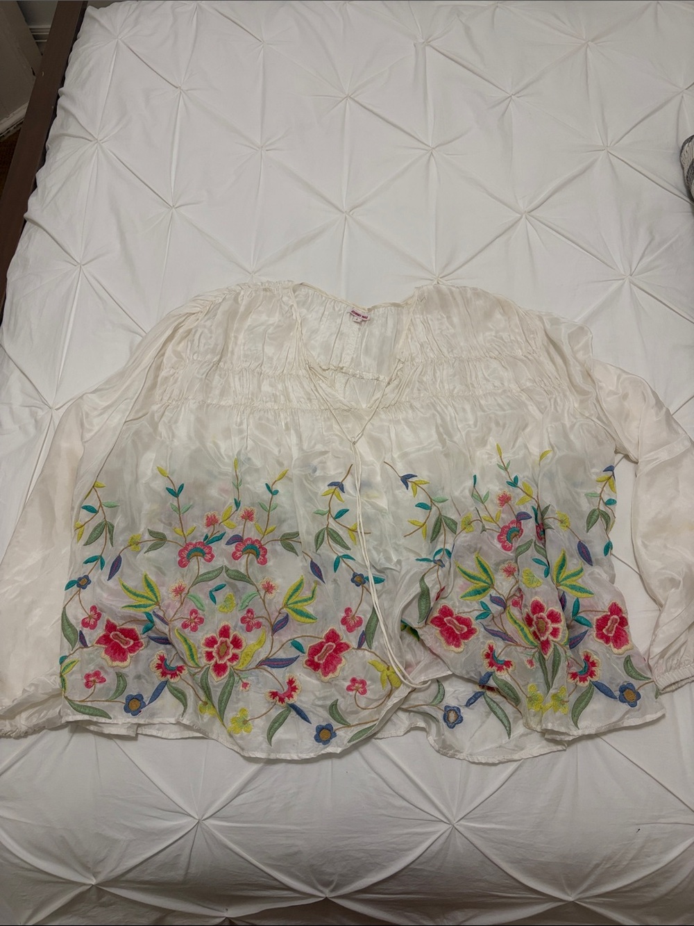Johnny Was White Embroidered Floral Boho Peasant Blouse